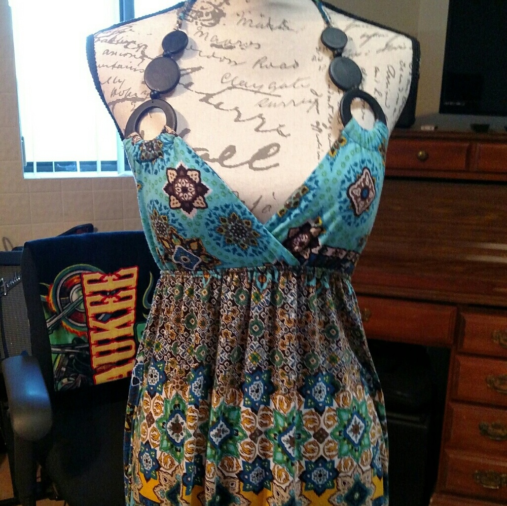 Halter bohemian dress with wodden beads